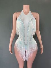 SY--New dance sexy shiny rhinestone elastic sequin tassel jumpsuit stage performance costume