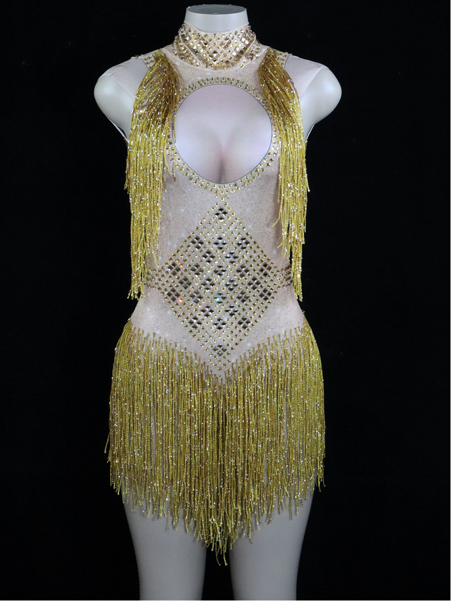 FK--Sexy stage performance costume bar high collar diamond tassel stretch jumpsuit