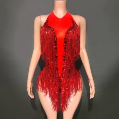 SY--New dance sexy shiny rhinestone elastic sequin tassel jumpsuit stage performance costume