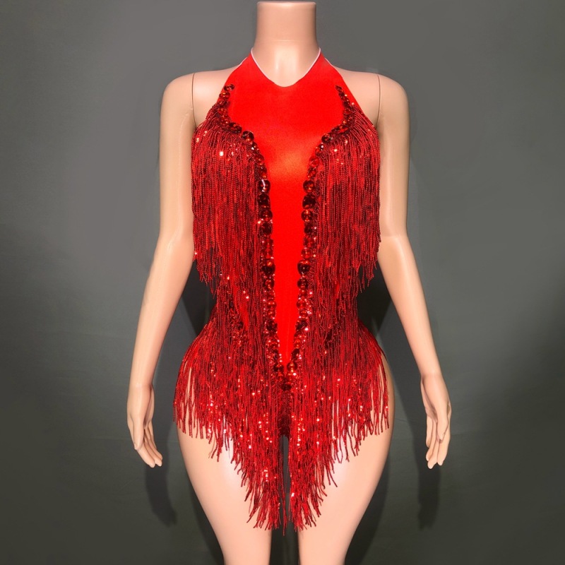 SY--New dance sexy shiny rhinestone elastic sequin tassel jumpsuit stage performance costume