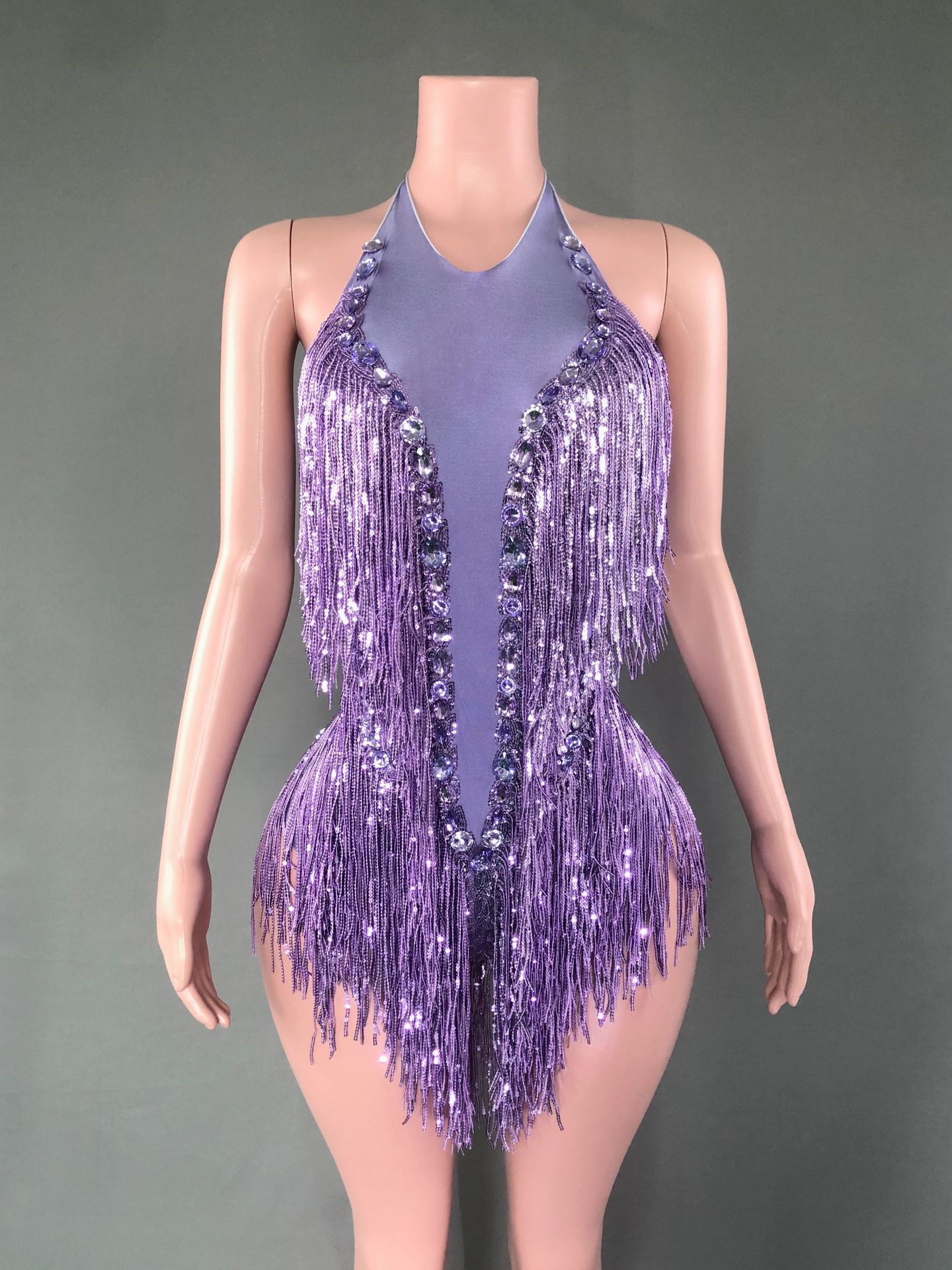 SY--New dance sexy shiny rhinestone elastic sequin tassel jumpsuit stage performance costume