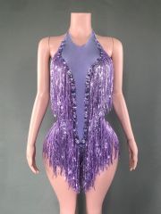 SY--New dance sexy shiny rhinestone elastic sequin tassel jumpsuit stage performance costume