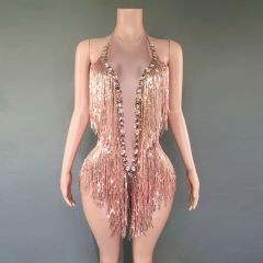 SY--New dance sexy shiny rhinestone elastic sequin tassel jumpsuit stage performance costume