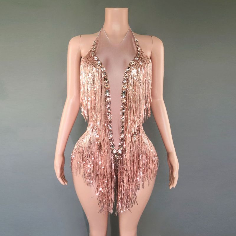 SY--New dance sexy shiny rhinestone elastic sequin tassel jumpsuit stage performance costume