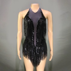 SY--New dance sexy shiny rhinestone elastic sequin tassel jumpsuit stage performance costume