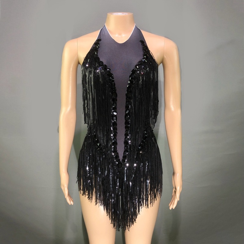 SY--New dance sexy shiny rhinestone elastic sequin tassel jumpsuit stage performance costume