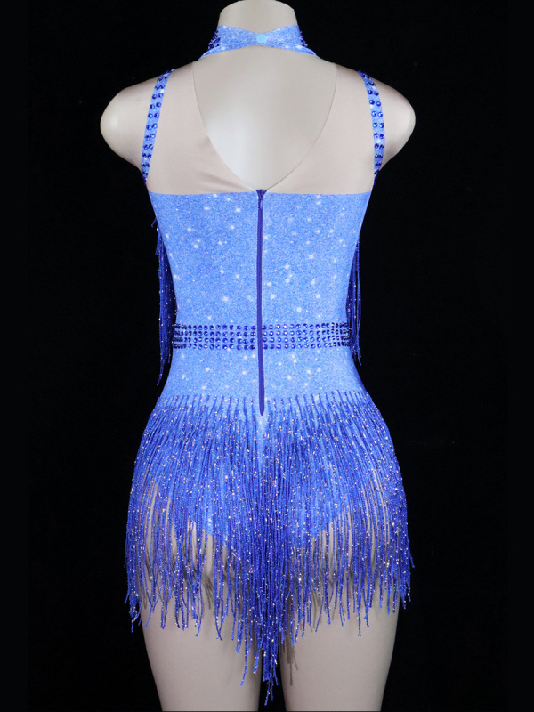 FK--Sexy stage performance costume bar high collar diamond tassel stretch jumpsuit