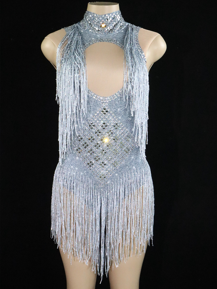 FK--Sexy stage performance costume bar high collar diamond tassel stretch jumpsuit