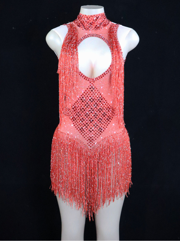 FK--Sexy stage performance costume bar high collar diamond tassel stretch jumpsuit