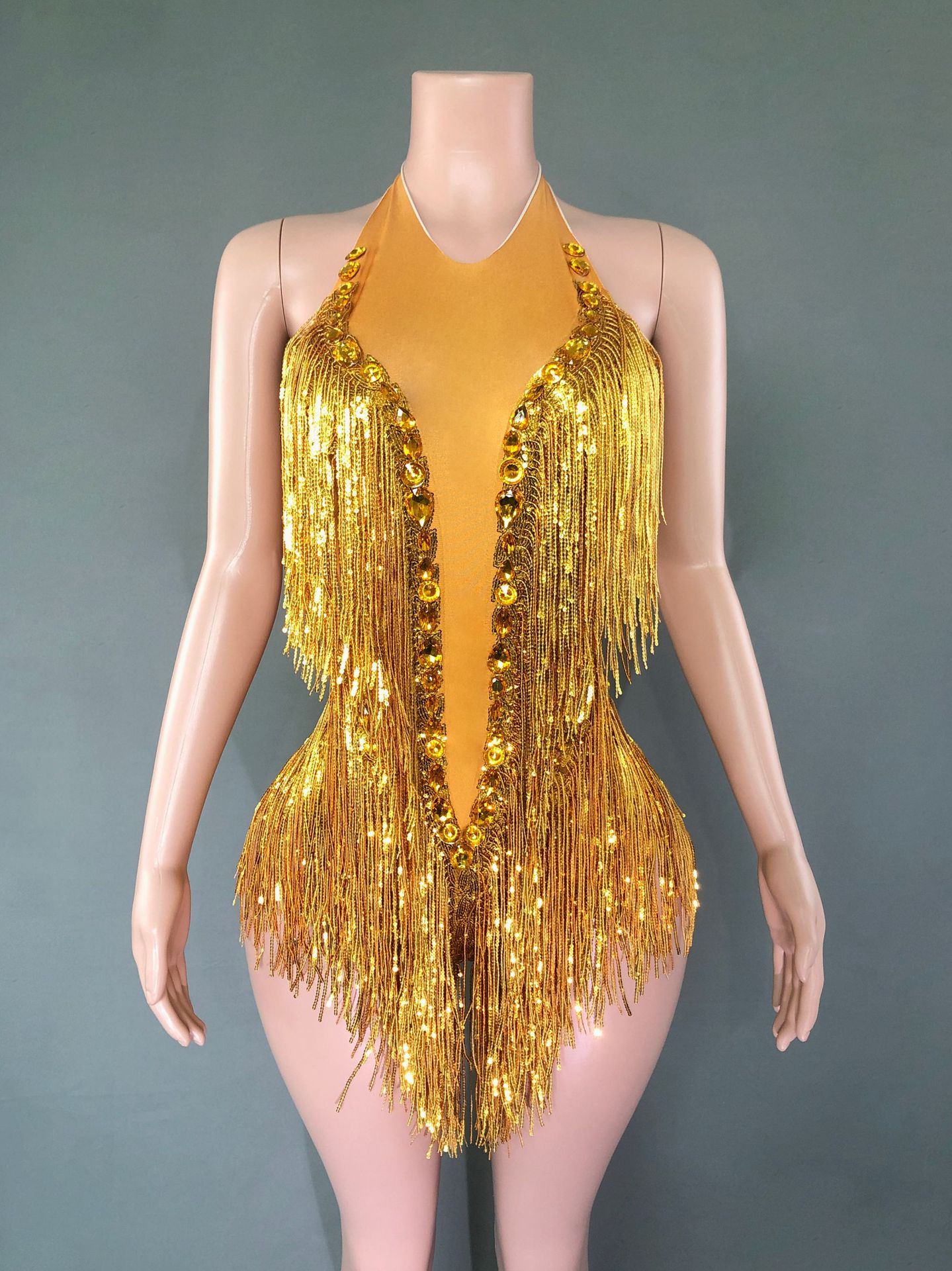 SY--New dance sexy shiny rhinestone elastic sequin tassel jumpsuit stage performance costume