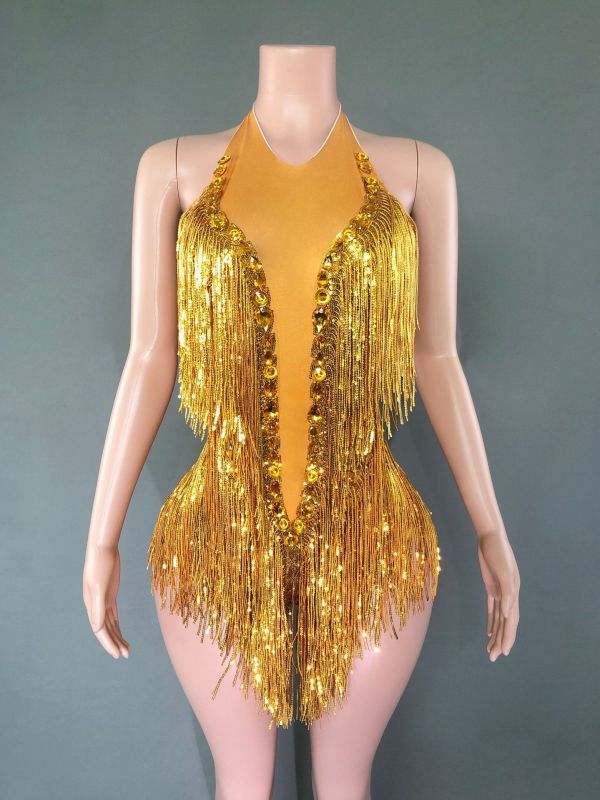 SY--New dance sexy shiny rhinestone elastic sequin tassel jumpsuit stage performance costume