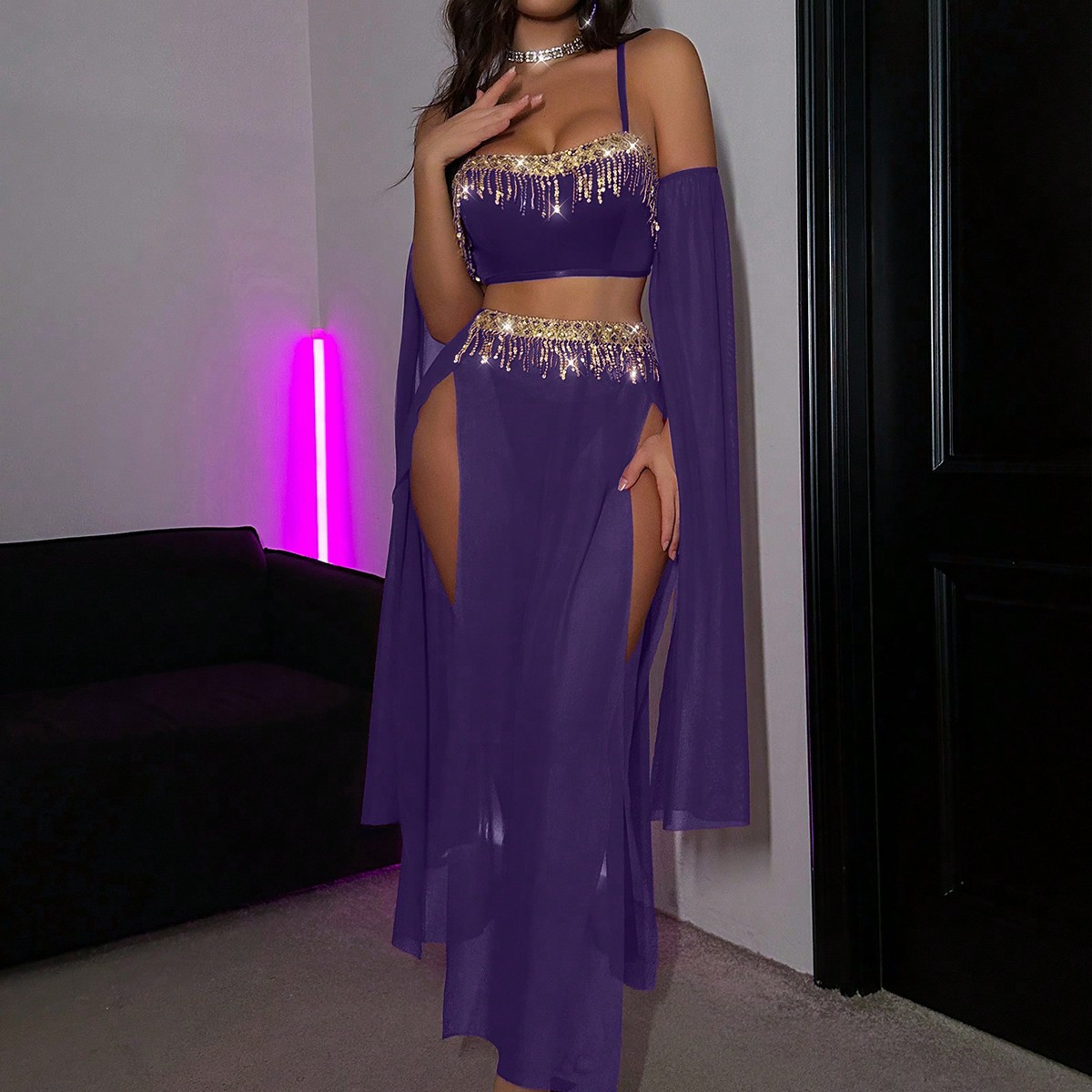 WQG2138--Sexy tassel pole dance suit sequin lace hot suit