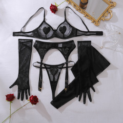 XZ4564A--Mesh and PU Leather Heart-Shaped Sexy Lingerie Set (Two-Piece Set)