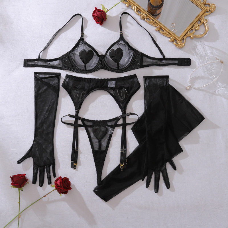 XZ4564A--Mesh and PU Leather Heart-Shaped Sexy Lingerie Set (Two-Piece Set)