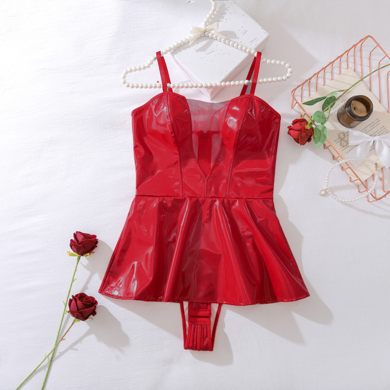XZ4780A--Sexy PU Leather Tight-Fit Suspender Mini Dress Party Performance Costume