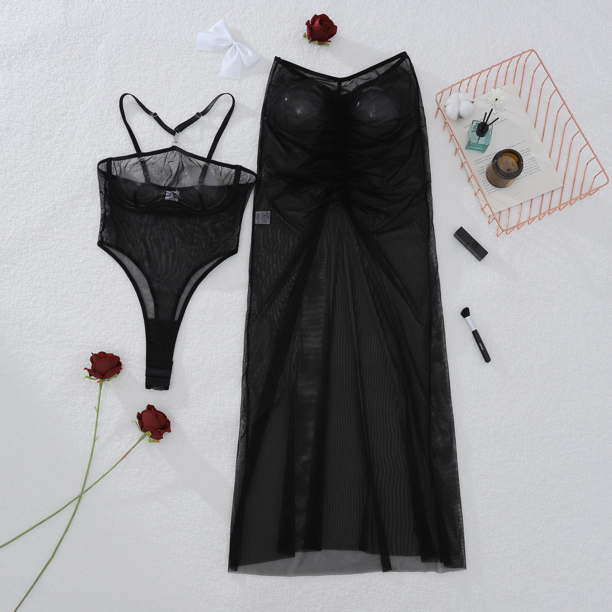 XZ4692A--Sheer halter-neck bodysuit paired with a sexy, form-fitting tulle maxi skirt