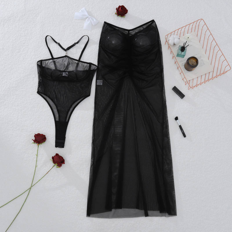 XZ4692A--Sheer halter-neck bodysuit paired with a sexy, form-fitting tulle maxi skirt