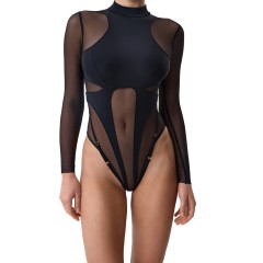 XZ4686A--Sexy long-sleeved bodysuit with spliced ​​leg straps and open crotch