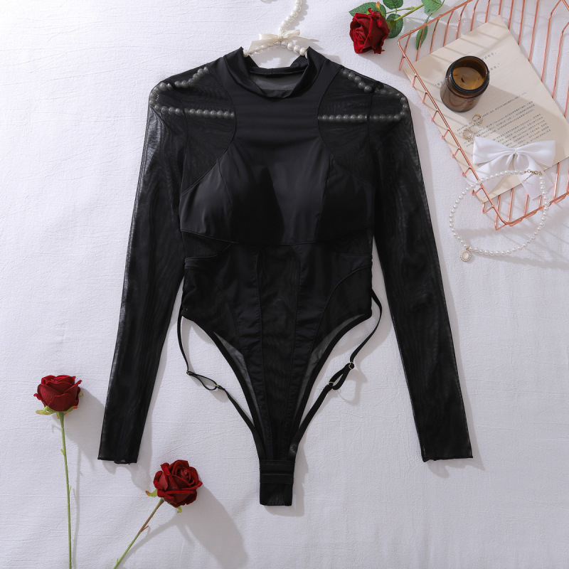 XZ4686A--Sexy long-sleeved bodysuit with spliced ​​leg straps and open crotch