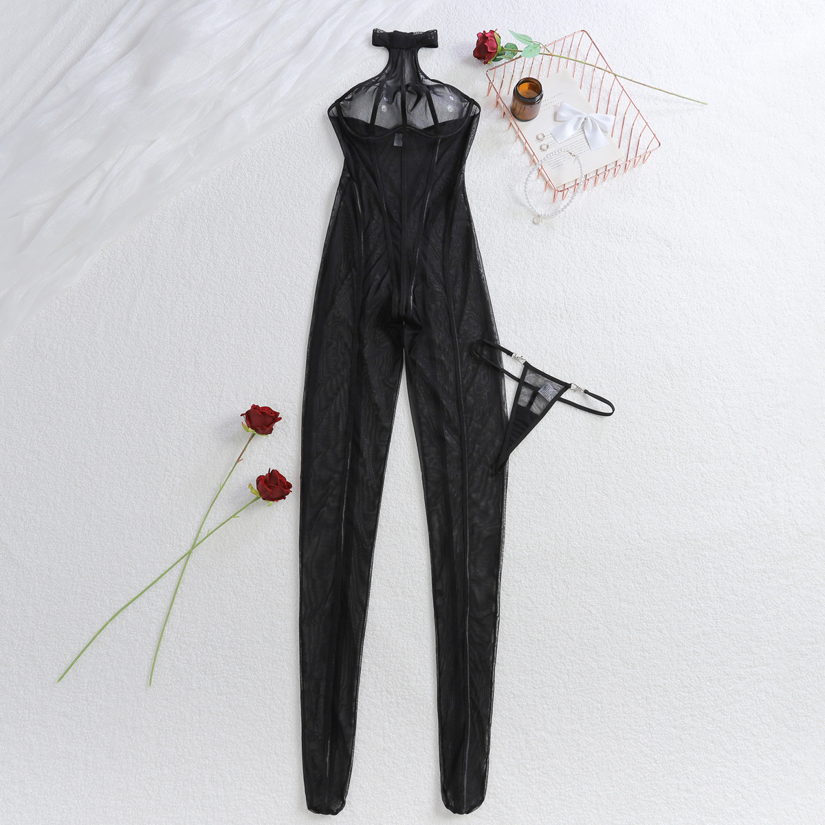 XZ4712A--Vertical striped black sheer bodysuit with a slimming and sexy halter neck.