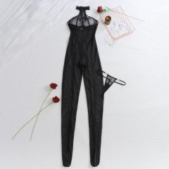 XZ4712A--Vertical striped black sheer bodysuit with a slimming and sexy halter neck.