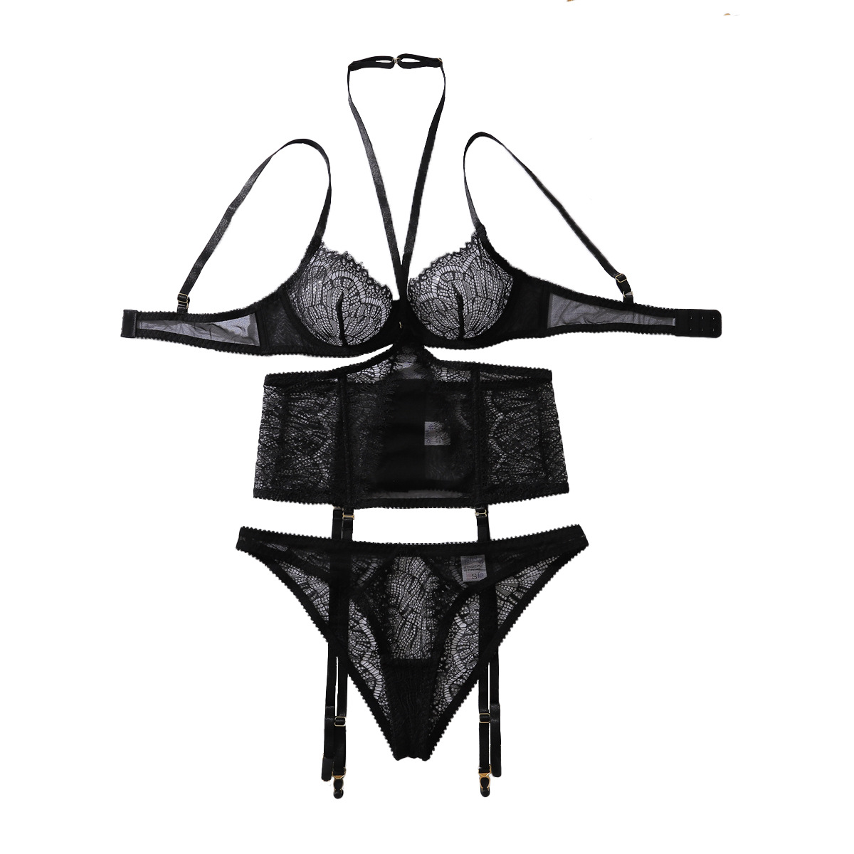XZ4650A--Eyelash Lace Sheer Halter Neck Three-Piece Sexy Lingerie Set