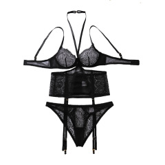 XZ4650A--Eyelash Lace Sheer Halter Neck Three-Piece Sexy Lingerie Set