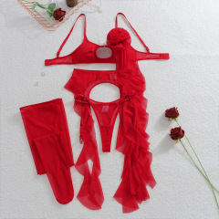XZ4706A--Rose-decorated sheer mesh ruffled sexy lingerie set