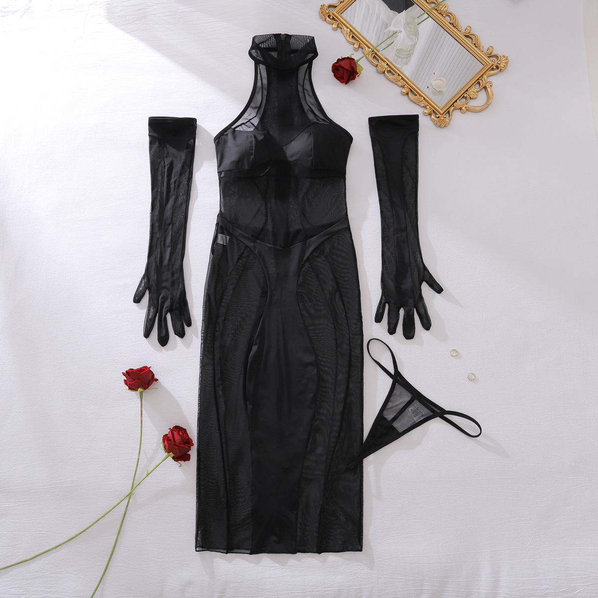 XZ4893A--New Women's Sheer Mesh Bodysuit, Shapely and Sexy Three-Piece Set