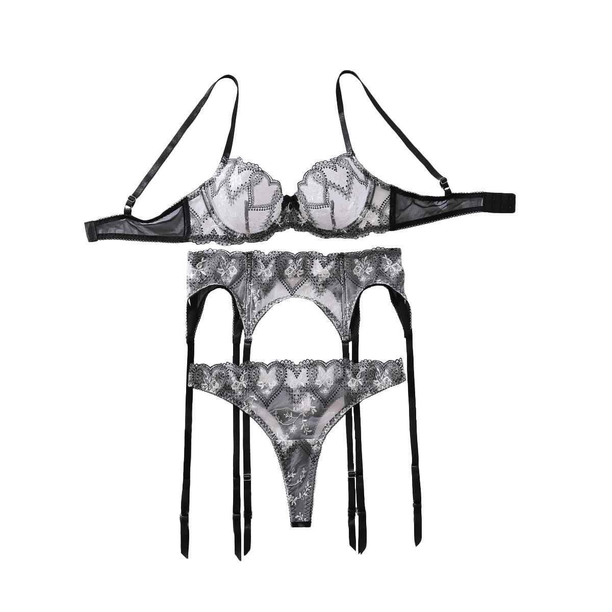 XZ4797A--Heart-patterned color-blocked see-through embroidered three-piece lingerie set
