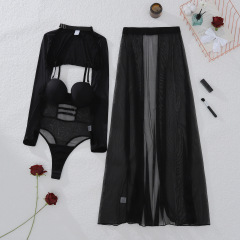 XZ4710A--Sheer mesh bodysuit with sexy slit skirt (three-piece set)