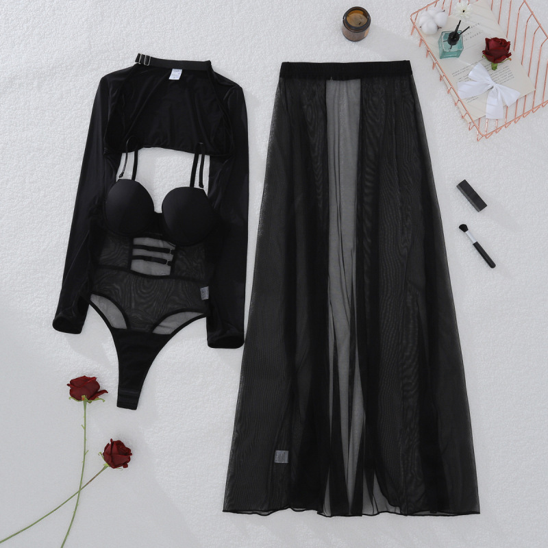 XZ4710A--Sheer mesh bodysuit with sexy slit skirt (three-piece set)