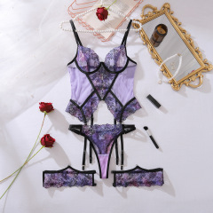 XZ4823A--Embroidered Mesh Fitting Sexy Purple Lingerie Set