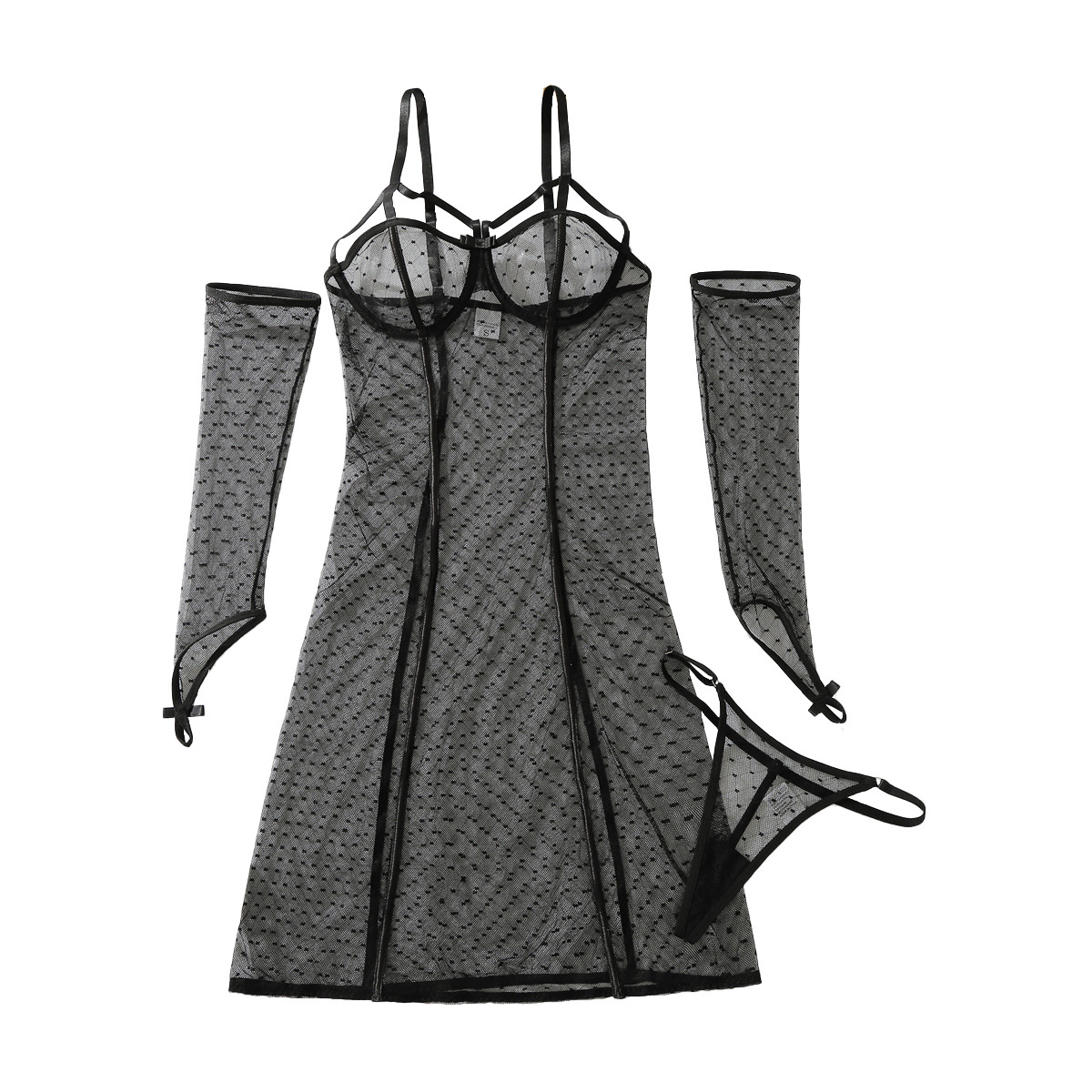 XZ4917A--Polka Dot Mesh Bodysuit, Shapely and Sexy Three-Piece Set