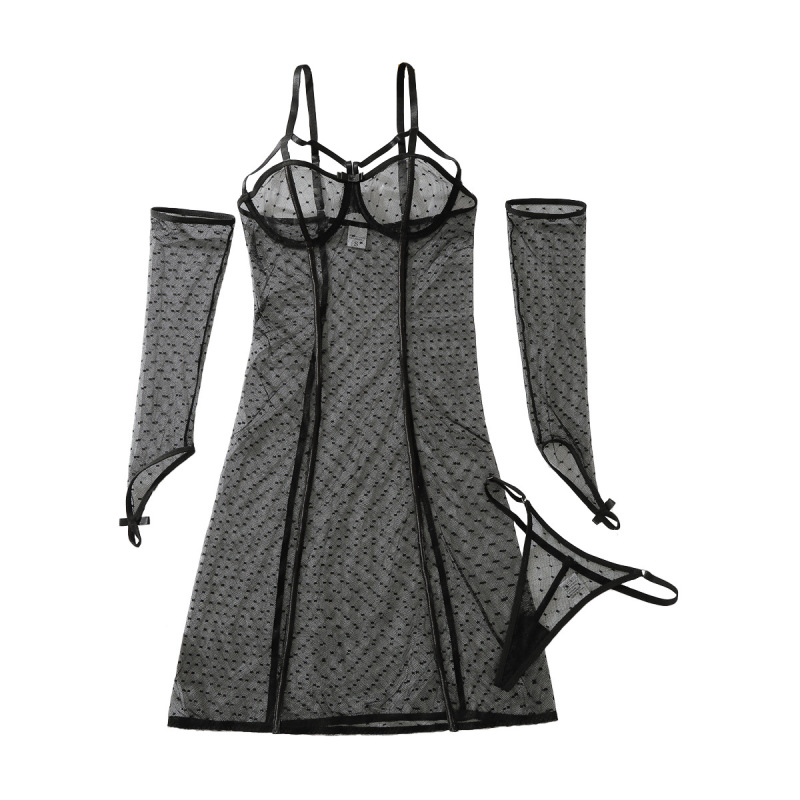 XZ4917A--Polka Dot Mesh Bodysuit, Shapely and Sexy Three-Piece Set