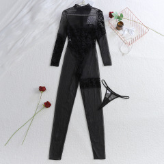 XZ4498A--New Floral Embroidered Fitted Zipper Sheer Long-Sleeved Bodysuit Set