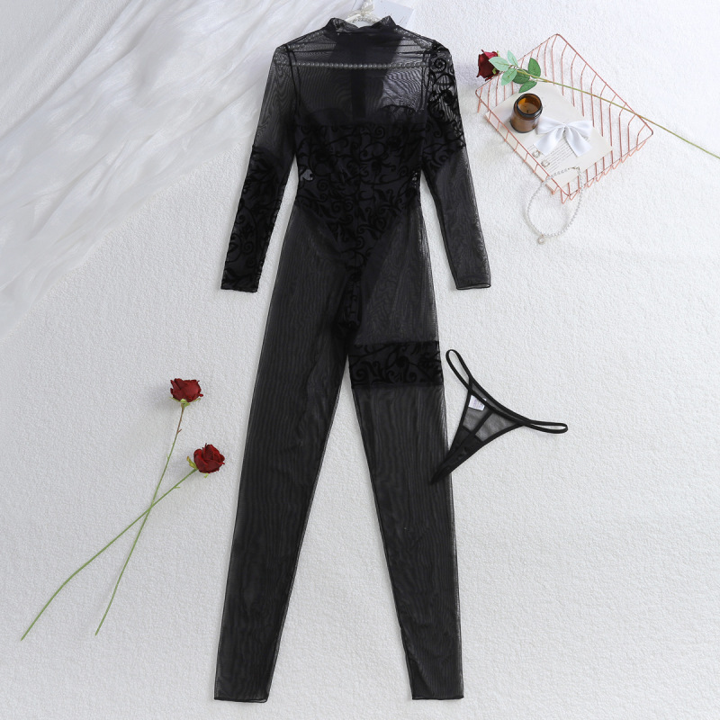 XZ4498A--New Floral Embroidered Fitted Zipper Sheer Long-Sleeved Bodysuit Set