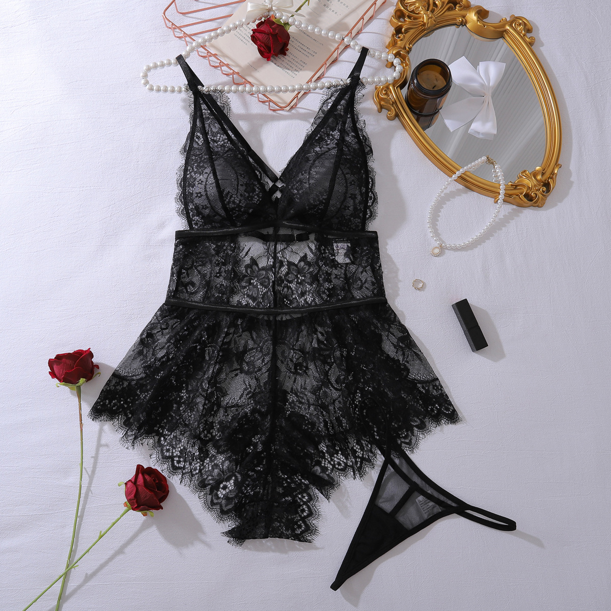 XZ4715A--Black Lace Hollow-Out See-Through Sexy Bodysuit with Eyelashes