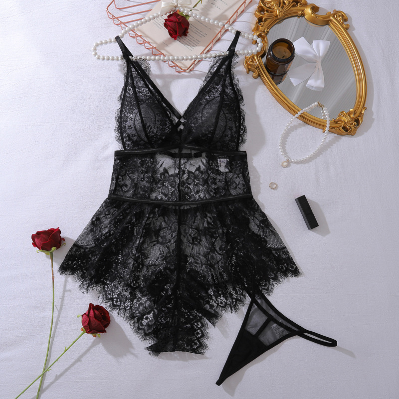 XZ4715A--Black Lace Hollow-Out See-Through Sexy Bodysuit with Eyelashes