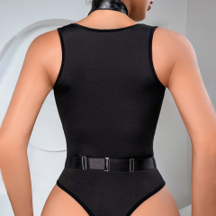 XZ4177A--Patchwork PU bondage uniform with open crotch, shaping and sexy lingerie