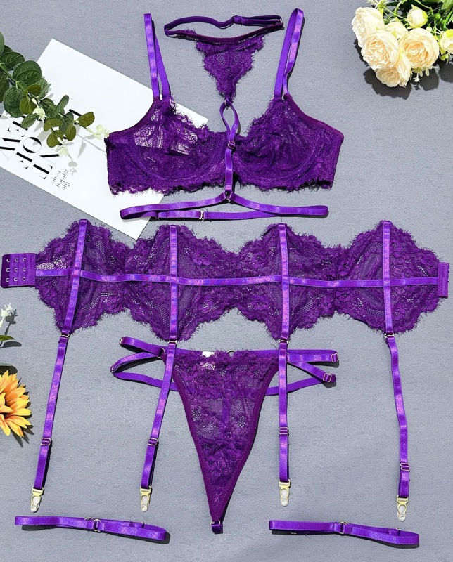 0995-Sexy Lingerie Set with Halter Neck, Lace Trim, Waist Corset, and Boning (5-Piece Set)