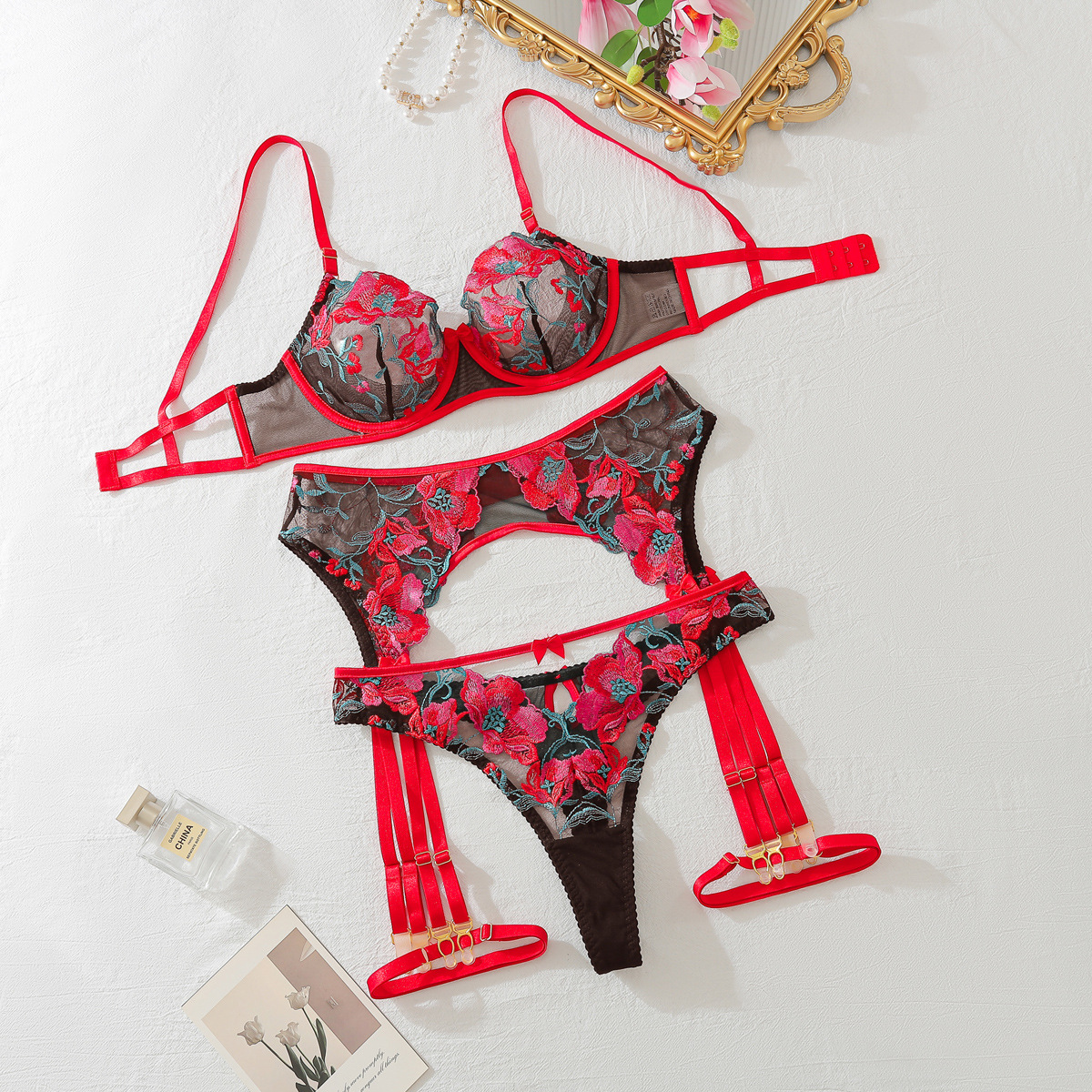 XZ4374A--Sexy Mesh Embroidered Bra Set