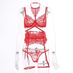 0995-Sexy Lingerie Set with Halter Neck, Lace Trim, Waist Corset, and Boning (5-Piece Set)