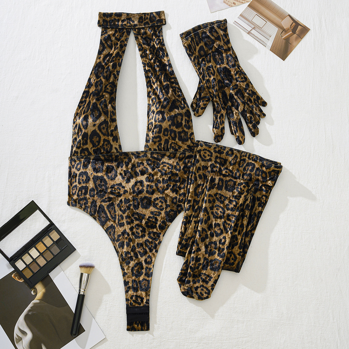 XZ4211A--Sexy Leopard Print No-Removal Uniform-Style Backless Gloves and Stockings Set
