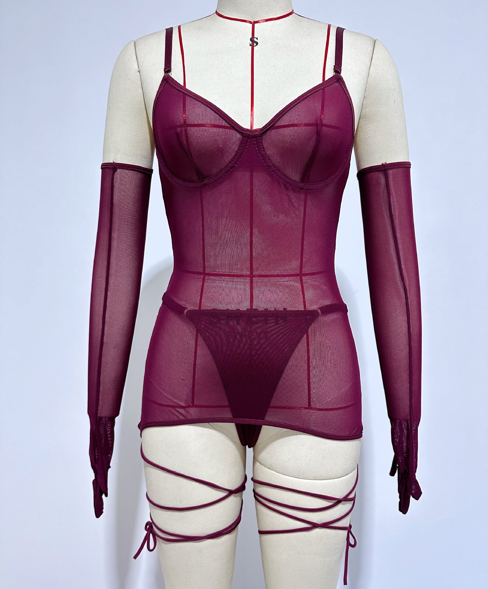 0021--Sexy and alluring mesh backless see-through rope set