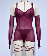 0021--Sexy and alluring mesh backless see-through rope set