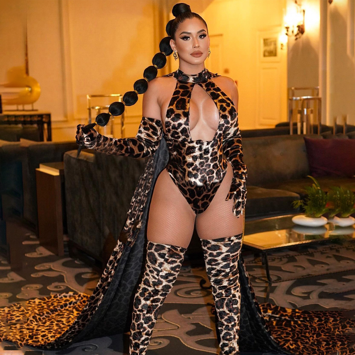 XZ4211A--Sexy Leopard Print No-Removal Uniform-Style Backless Gloves and Stockings Set