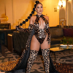 XZ4211A--Sexy Leopard Print No-Removal Uniform-Style Backless Gloves and Stockings Set