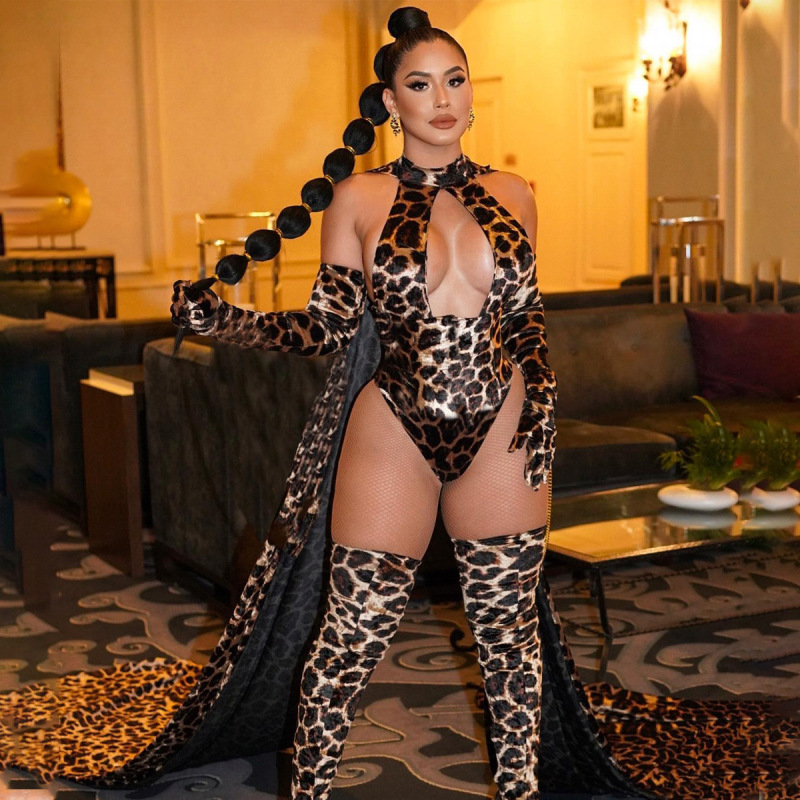 XZ4211A--Sexy Leopard Print No-Removal Uniform-Style Backless Gloves and Stockings Set