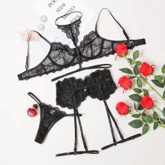 0995-Sexy Lingerie Set with Halter Neck, Lace Trim, Waist Corset, and Boning (5-Piece Set)